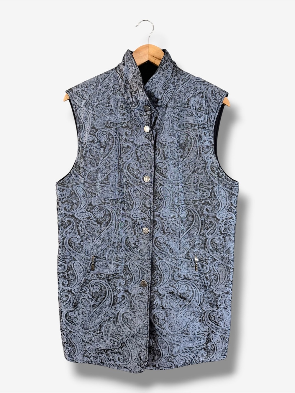 Basler Reversible Silk Paisley Wool Longline Vest Blue Size 36 Equestrian Sporty